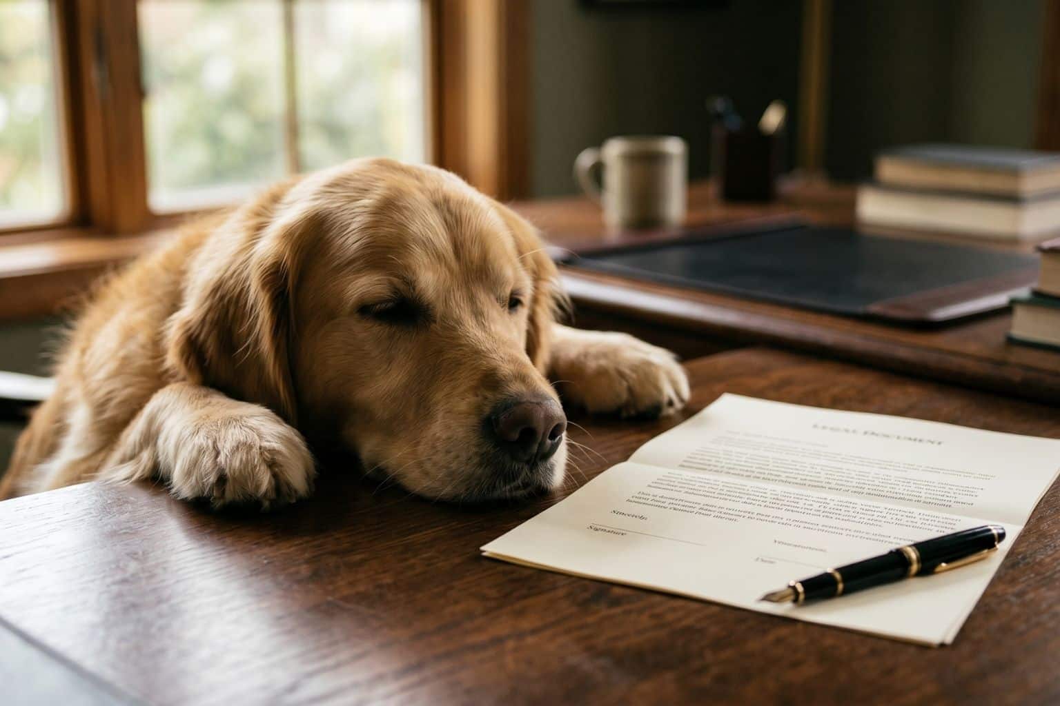 A dog resting beside a legal document on a desk, representing pet trust planning and estate planning for pet owners in Florida.
