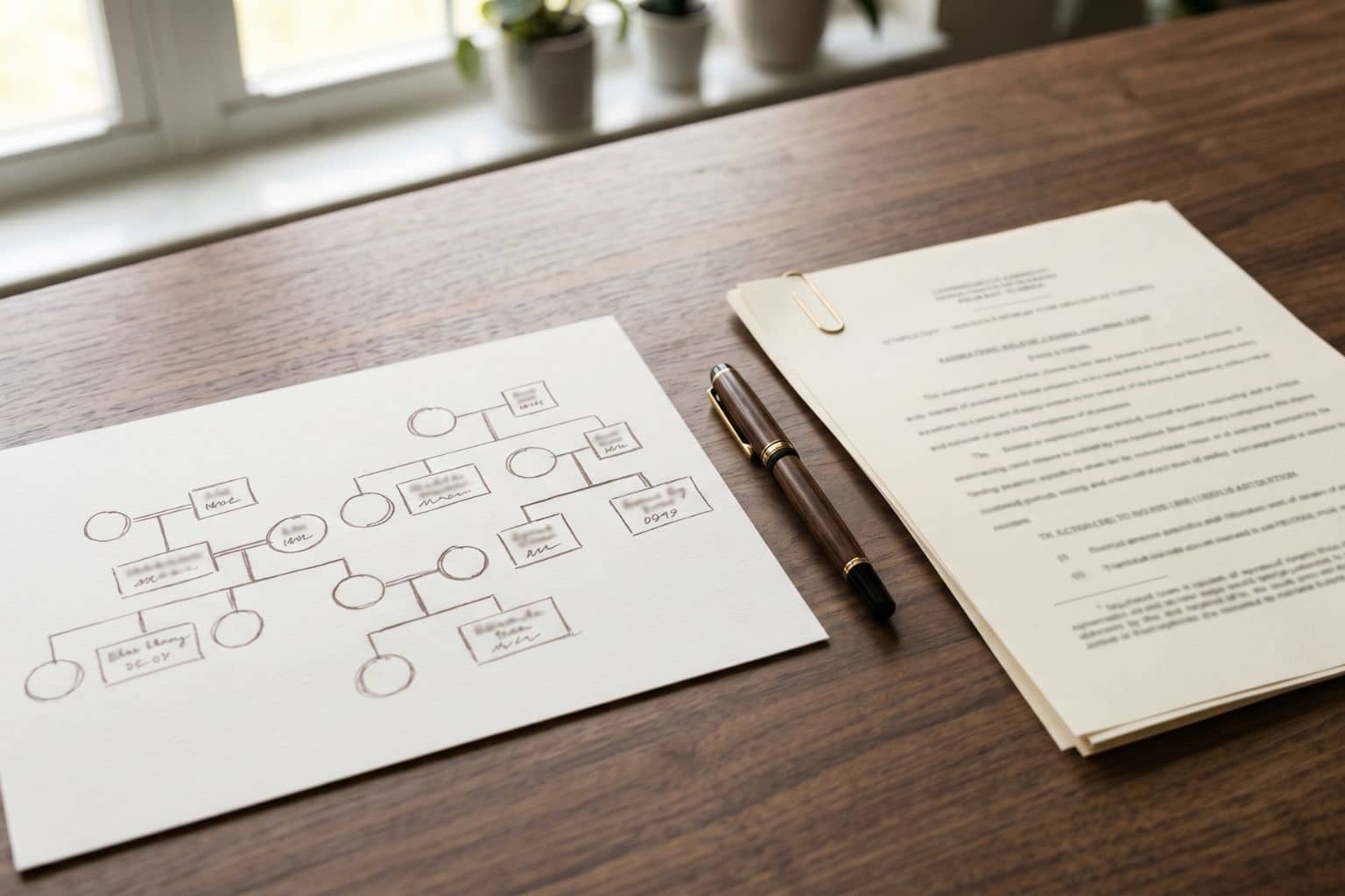 A handwritten family tree diagram beside a legal document on a desk, representing per stirpes distribution and estate planning in Florida.