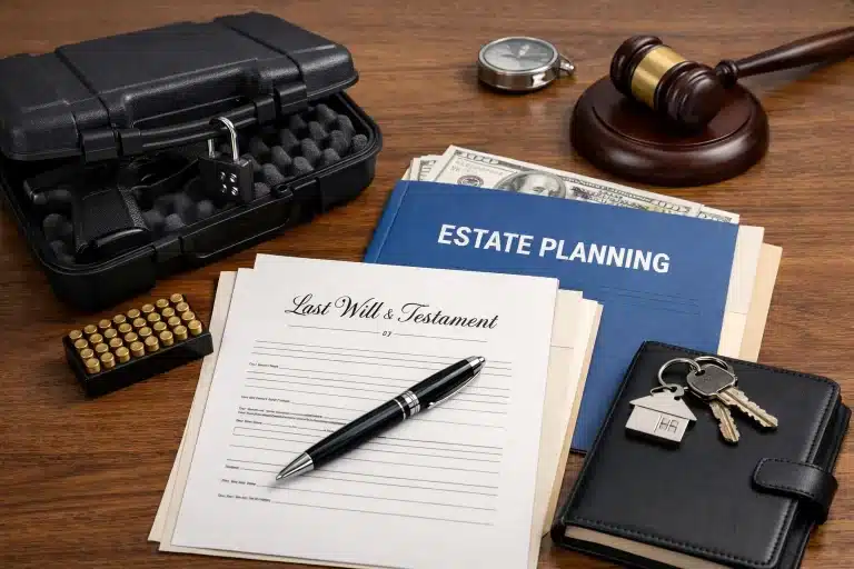 secure firearm storage and estate planning documents on table
